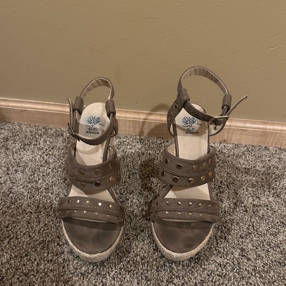 Taupe Espadrille Wedge with Gold Studs - Picture 2 of 5